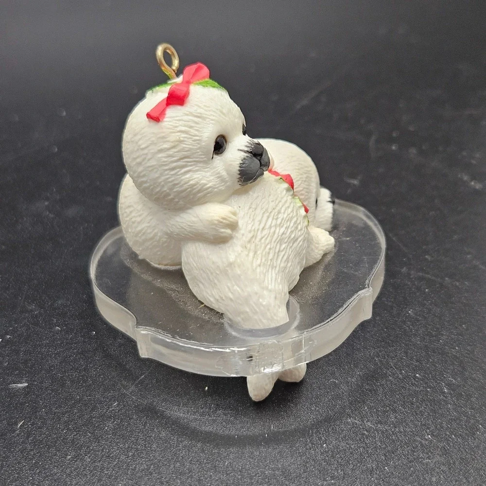 Vintage Christmas Seal Pup Ornament Polar Bear Cub Holly Bow Resin
